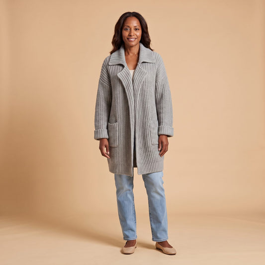 Longline Rib-Knit Lapel Cardigan in Grey - front view
