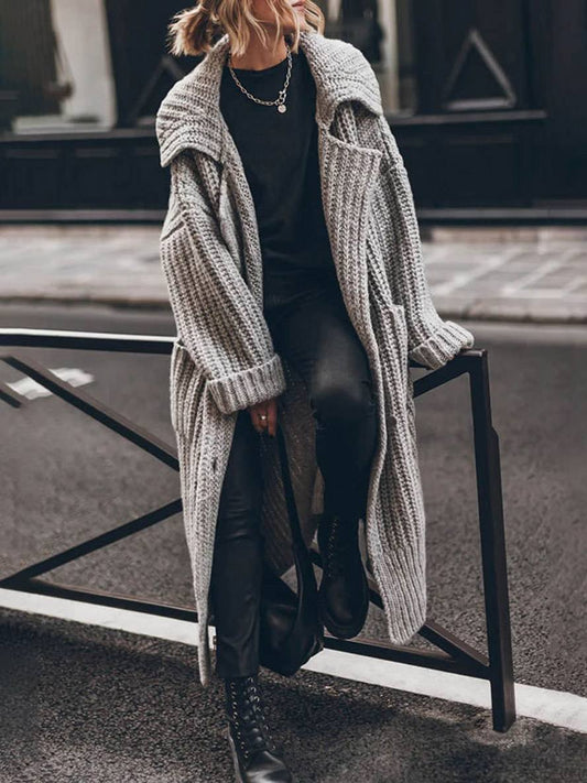 Longline Rib-Knit Lapel Cardigan in Grey - worn by a model outdoors