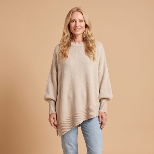 Oversized Ribbed Crewneck Sweater in Beige - front view