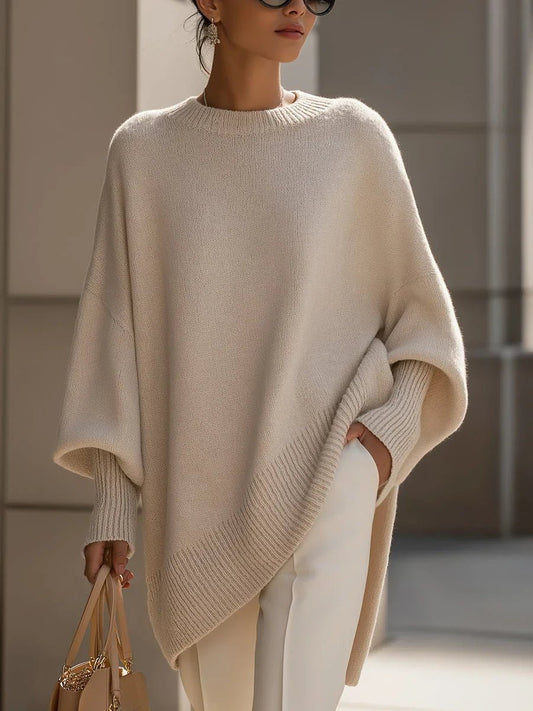 Oversized Ribbed Crewneck Sweater in Beige - worn by a model, front view