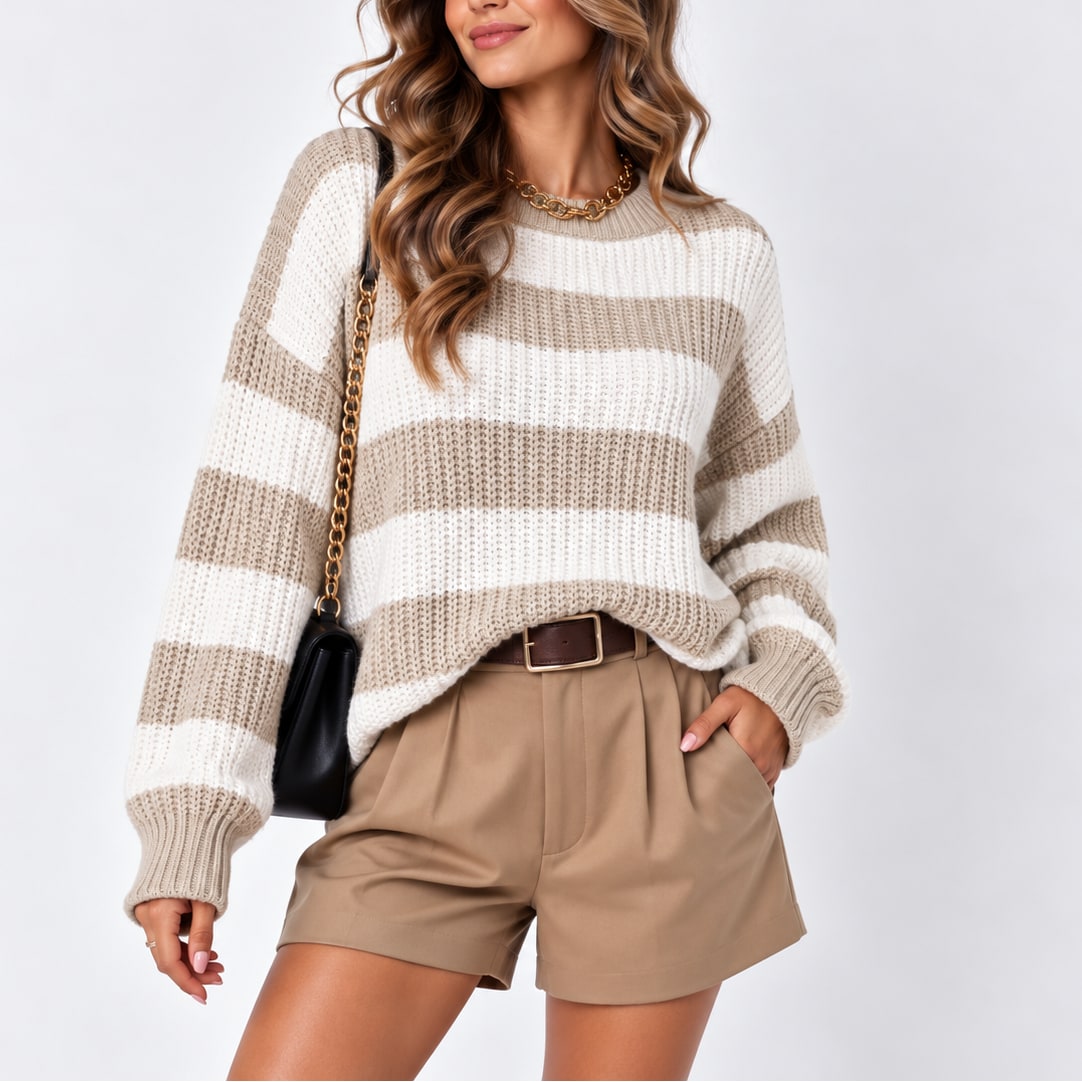 Oversized Striped Sweater, Relaxed Rib Knit Pullover 2