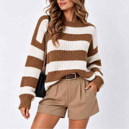 Oversized Striped Sweater, Relaxed Rib Knit Pullover 3