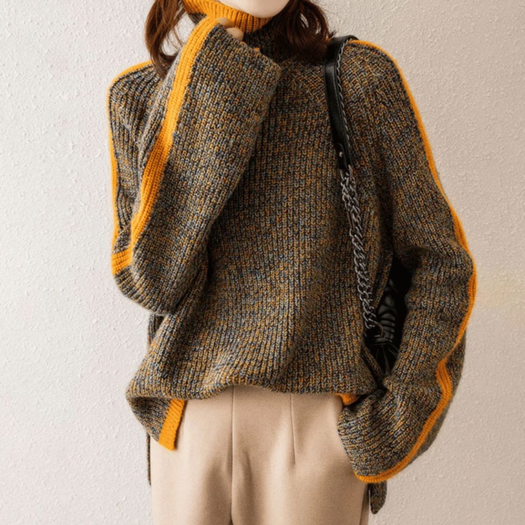 Patchwork Knit Turtleneck in Patchwork - worn by a model, front view