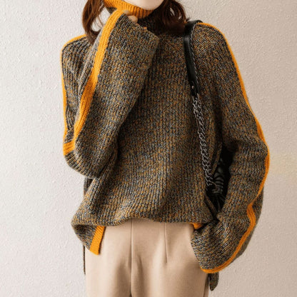 Patchwork Knit Turtleneck in Patchwork - worn by a model, front view