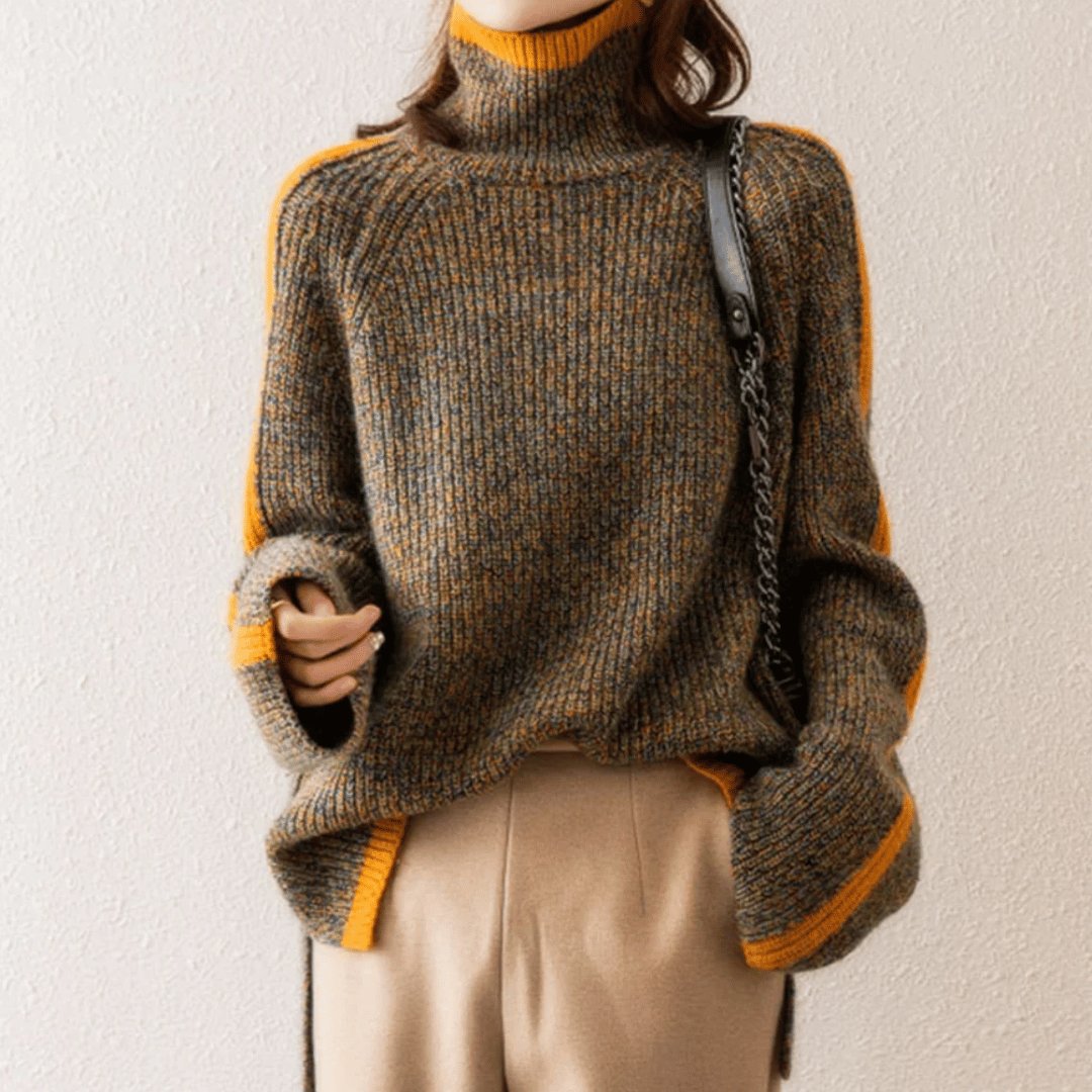 Patchwork Knit Turtleneck in Patchwork - worn by a model, front view