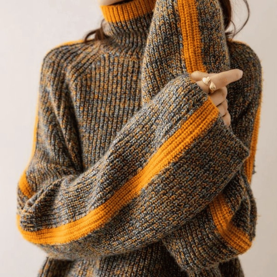 Patchwork Knit Turtleneck in Patchwork - close-up of the sleeve
