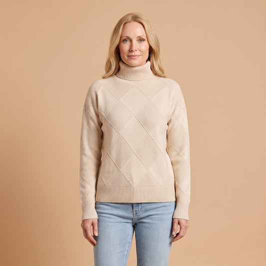 Penelope Soft Knit Turtleneck Sweater in Beige - front view