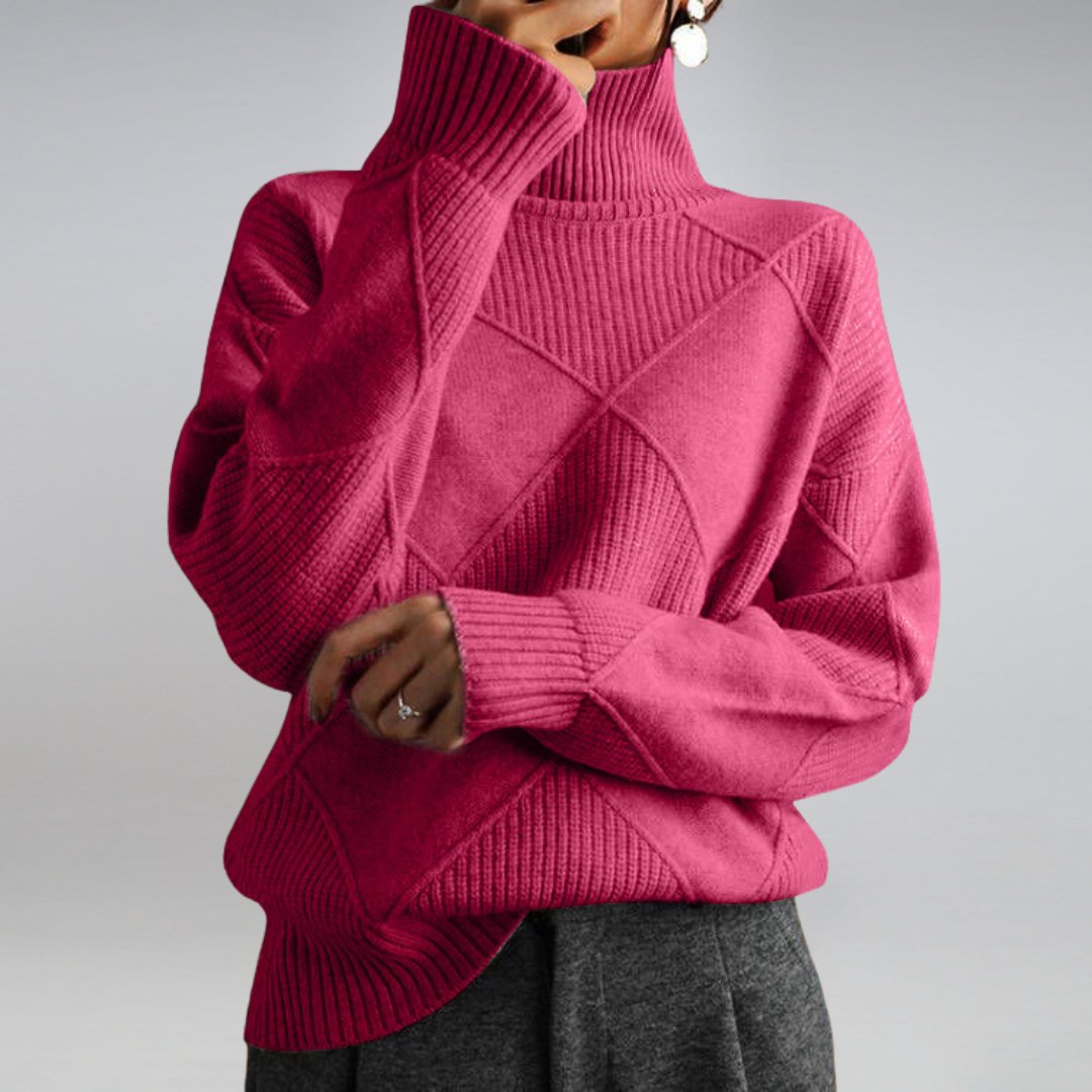 Penelope Soft Knit Turtleneck Sweater in Pink - worn by a model, front view