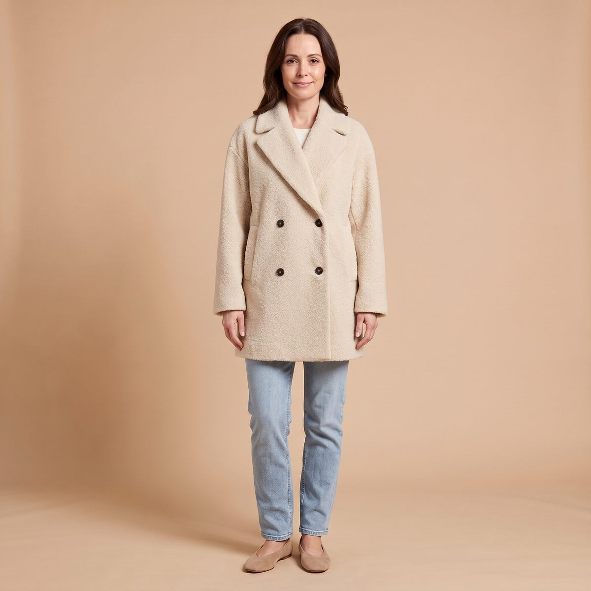 Petronille Double Breasted Pea Coat in Ivory Cream - front view