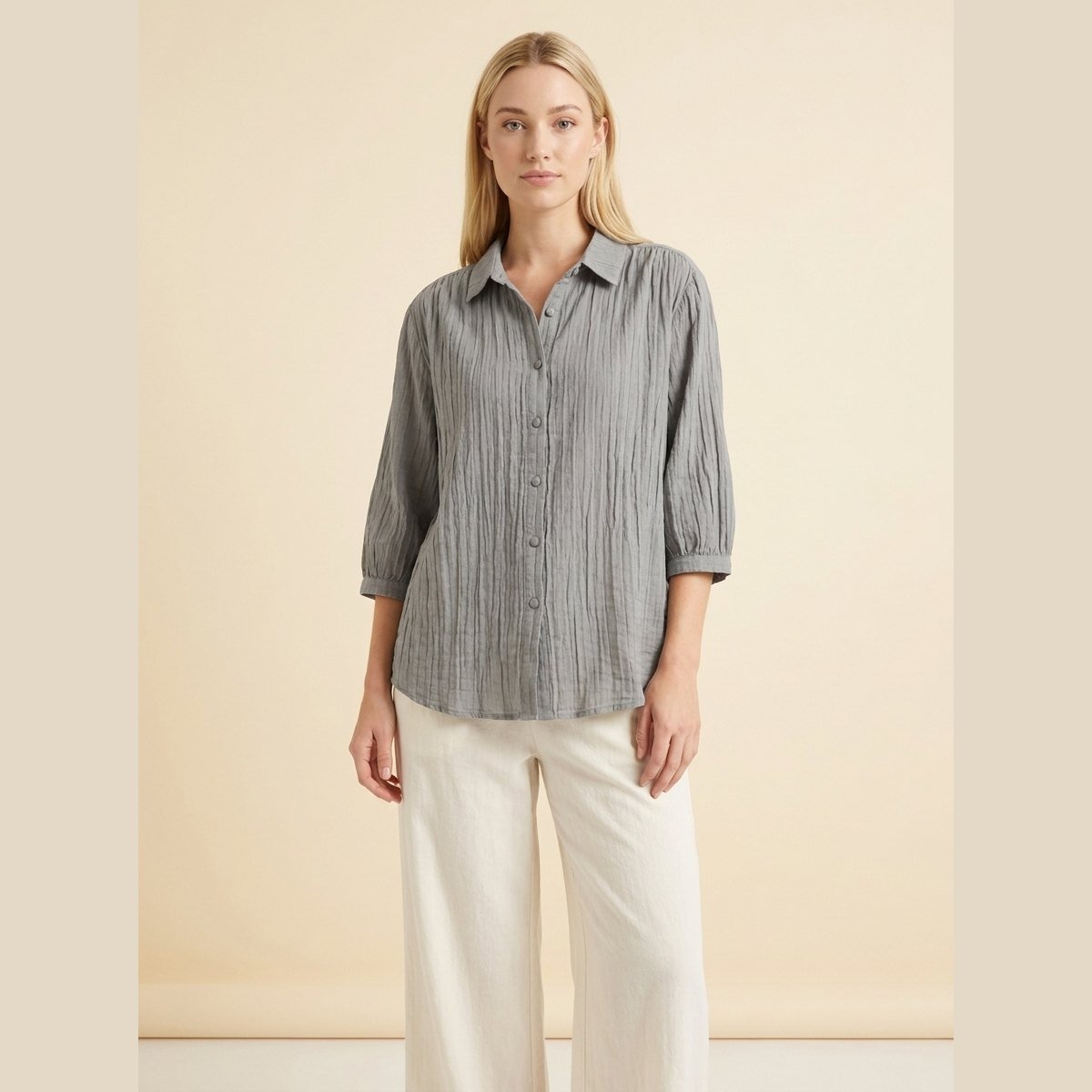 Pinky Oversized Shirt in Grey - worn by a model, front view