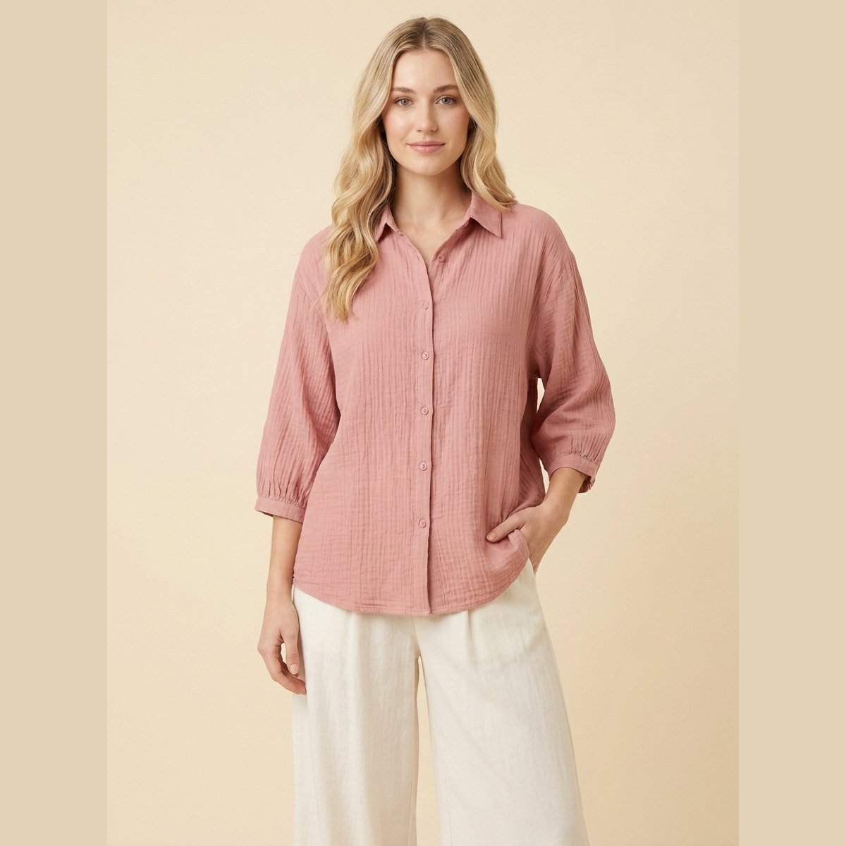 Pinky Oversized Shirt in Pink - worn by a model, front view