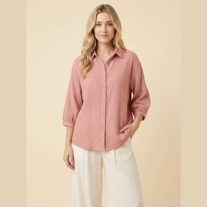 Pinky Oversized Shirt in Pink - worn by a model, front view