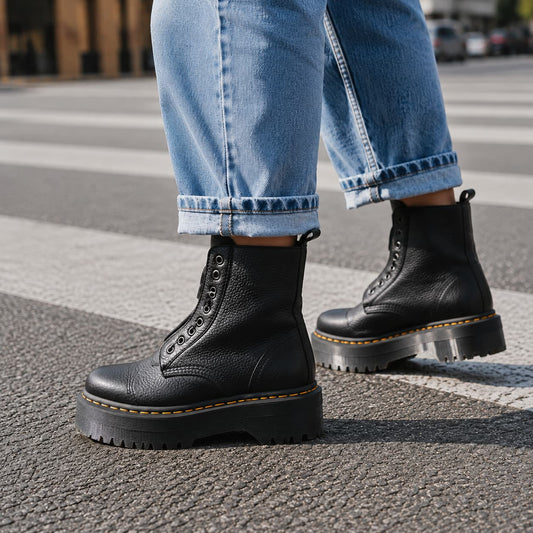 Black platform ankle boots walking, front view with zip 2