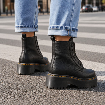 Back view of the black platform boots with pull tab 6