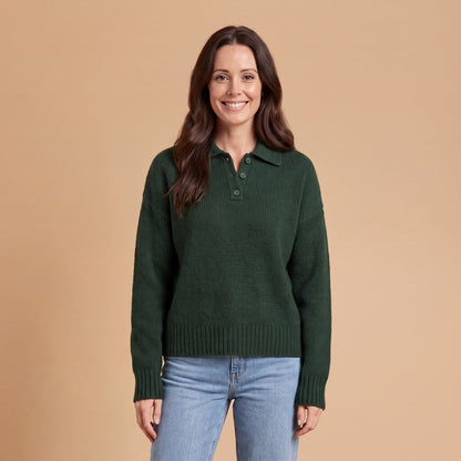 Polo Collar Knit Sweater with Button Placket, Relaxed Fit 1