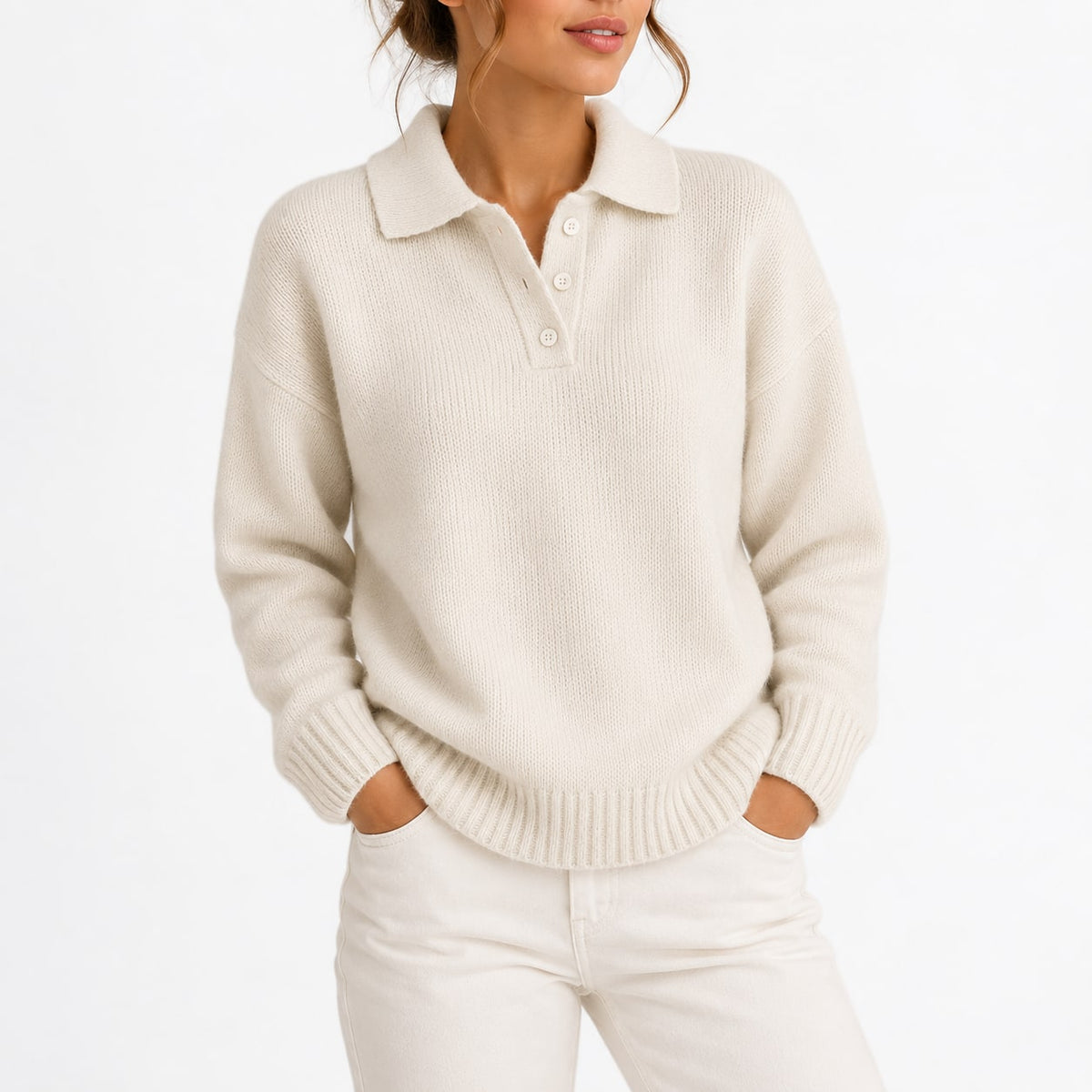 Polo Collar Knit Sweater with Button Placket, Relaxed Fit 3