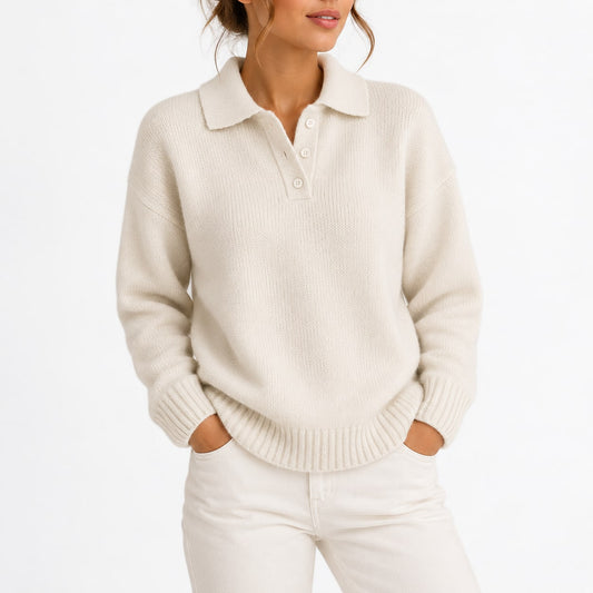 Polo Collar Knit Sweater with Button Placket, Relaxed Fit 3