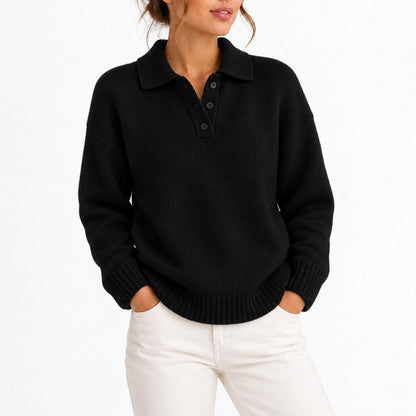 Polo Collar Knit Sweater with Button Placket, Relaxed Fit 4