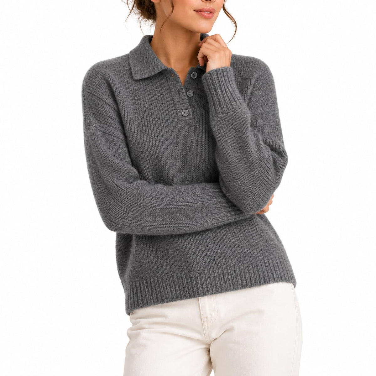 Polo Collar Knit Sweater with Button Placket, Relaxed Fit 5