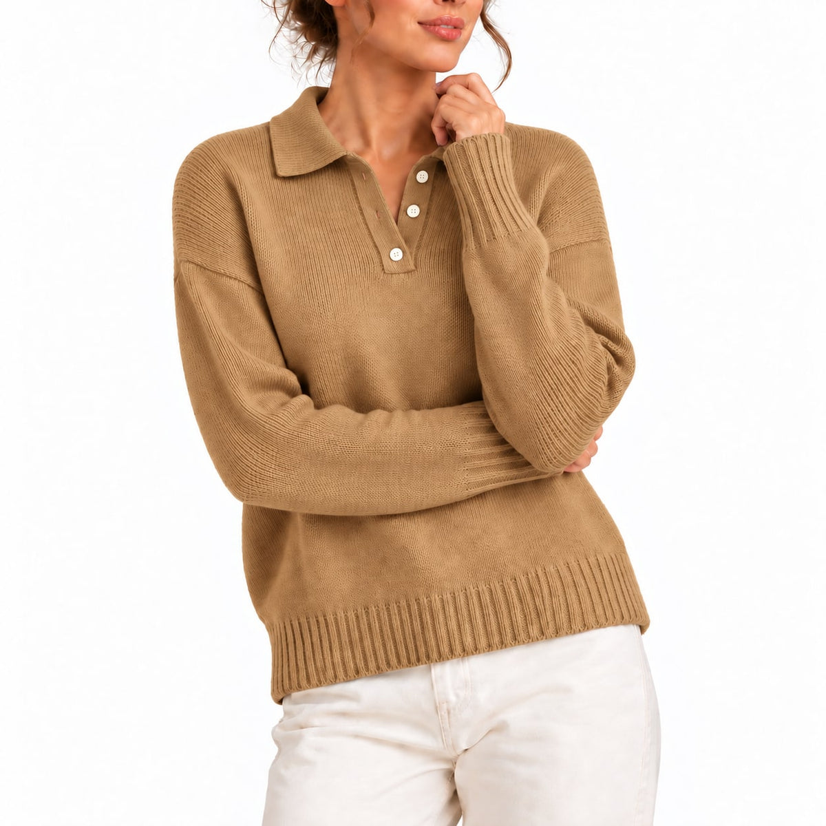 Polo Collar Knit Sweater with Button Placket, Relaxed Fit 6