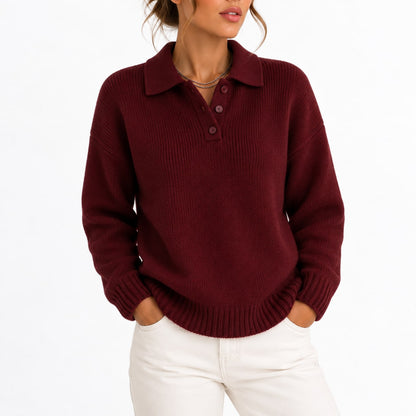 Polo Collar Knit Sweater with Button Placket, Relaxed Fit 7