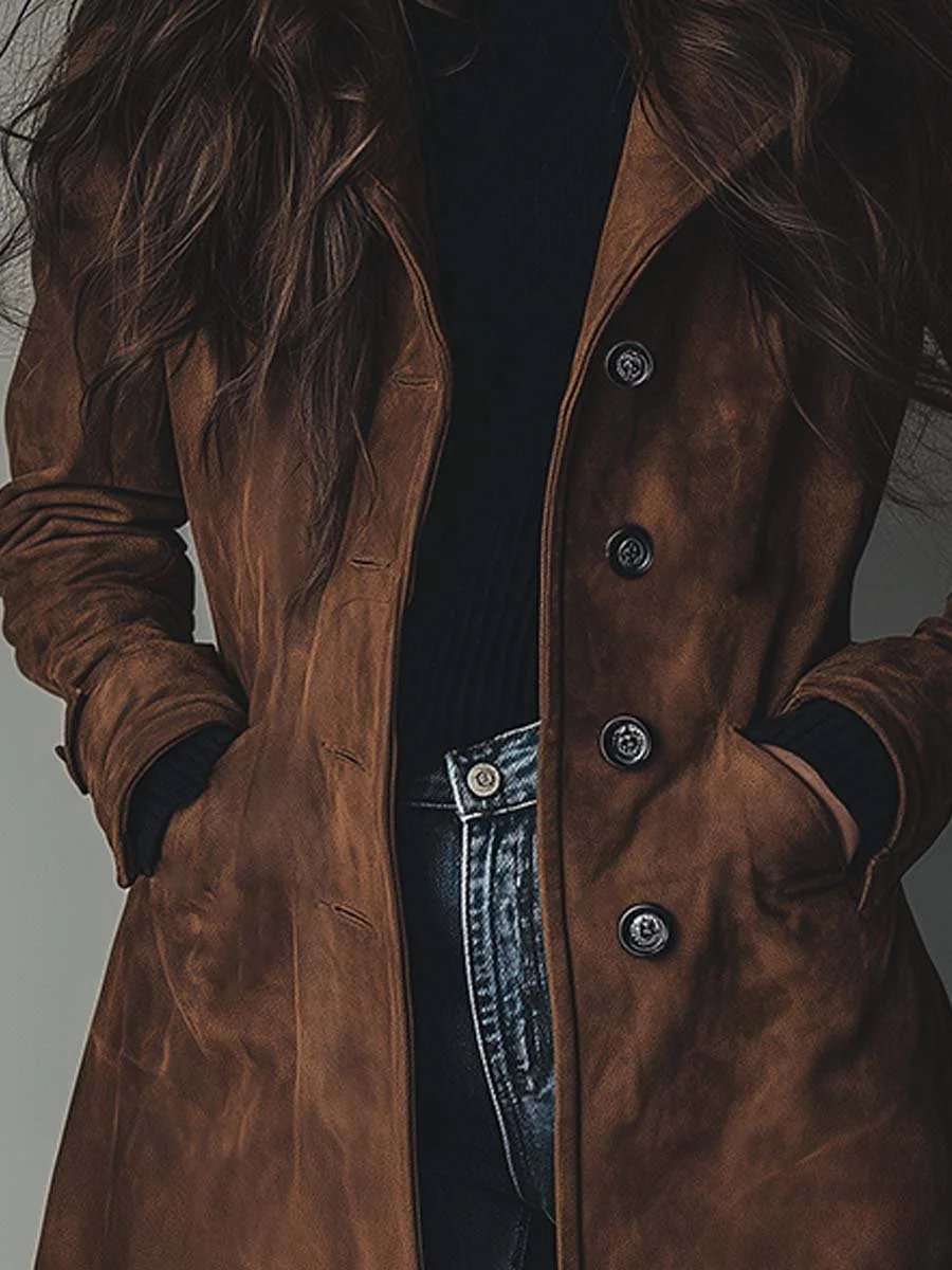 Presley Vintage Suede Trench Coat in brown - close-up of the buttons