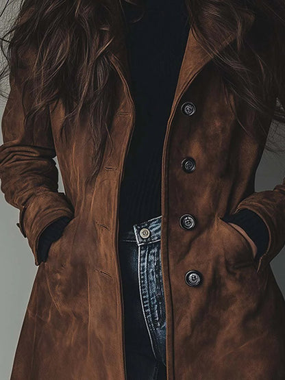 Presley Vintage Suede Trench Coat in brown - close-up of the buttons