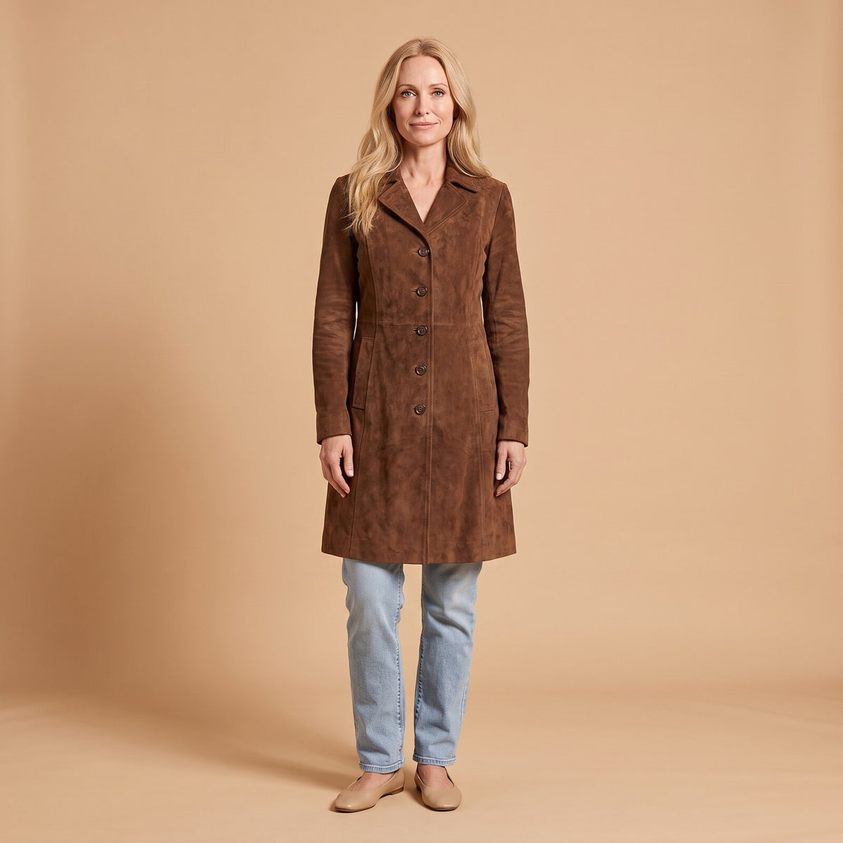 Presley Vintage Suede Trench Coat in brown - front view
