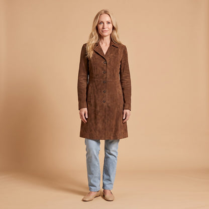 Presley Vintage Suede Trench Coat in brown - front view