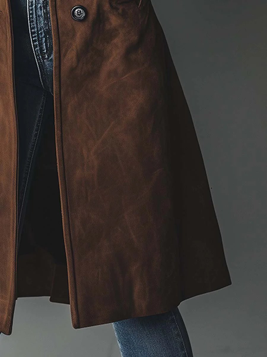 Presley Vintage Suede Trench Coat in brown - close-up of the hem