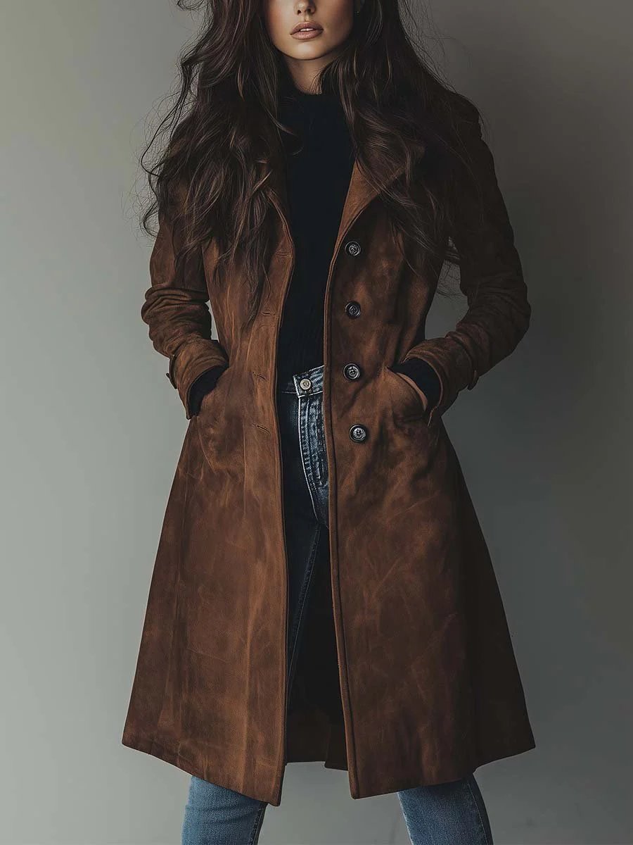 Presley Vintage Suede Trench Coat in brown - worn by a model, front view