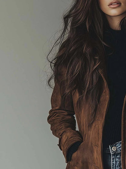 Presley Vintage Suede Trench Coat in brown - close-up of the shoulder