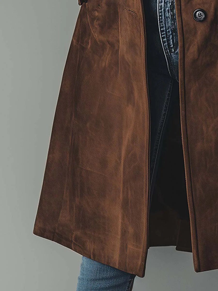 Presley Vintage Suede Trench Coat in brown - close-up of the side