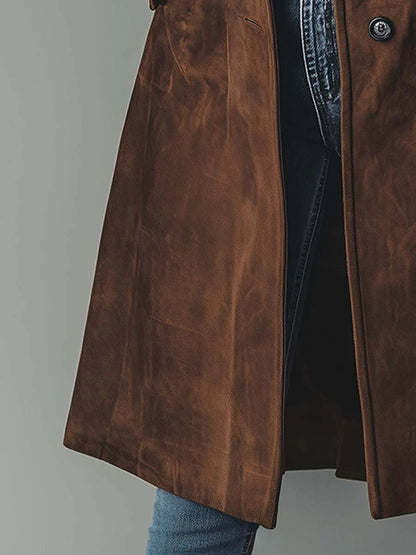Presley Vintage Suede Trench Coat in brown - close-up of the side