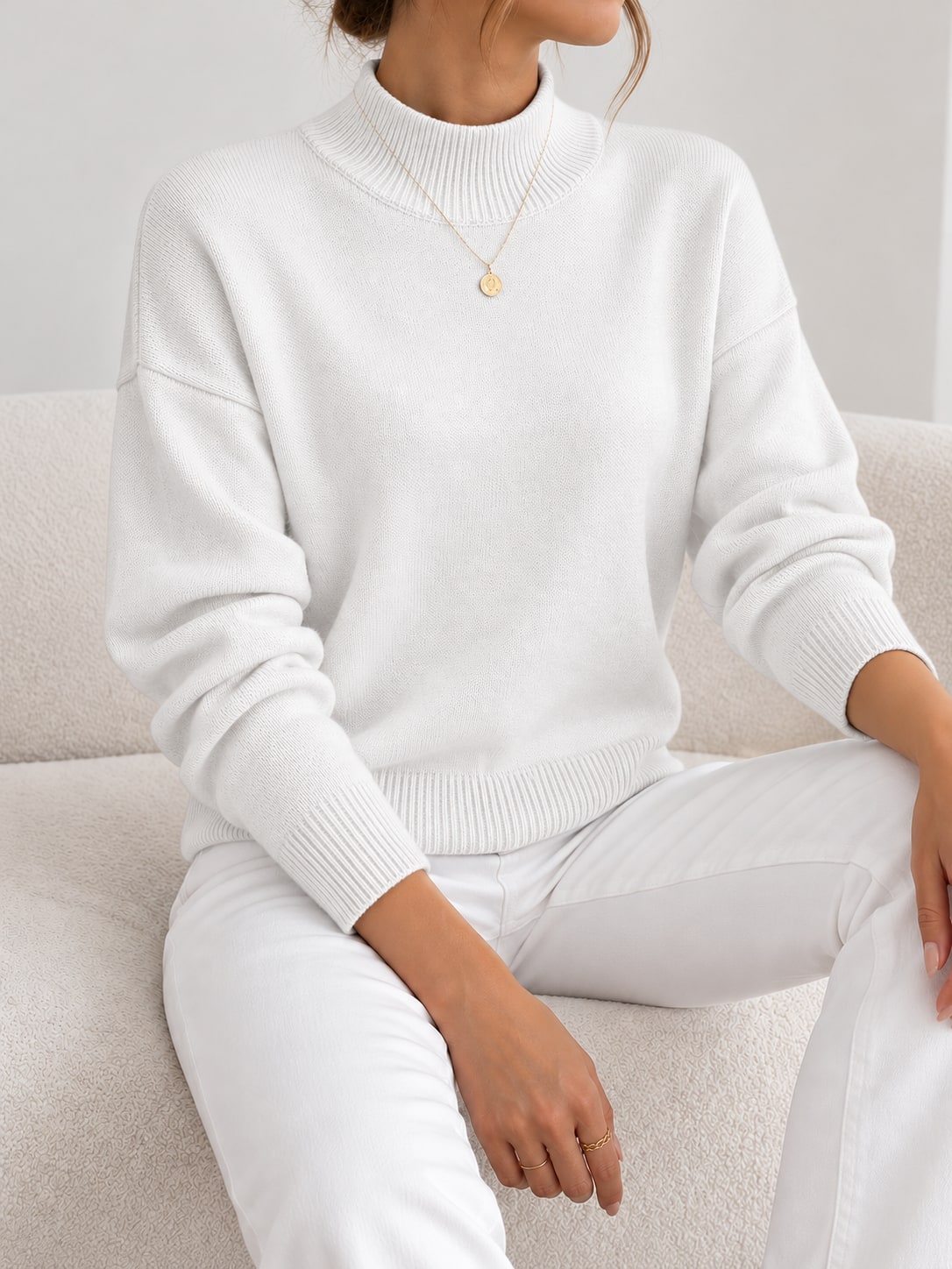 White warm soft knit pullover with stand collar 1