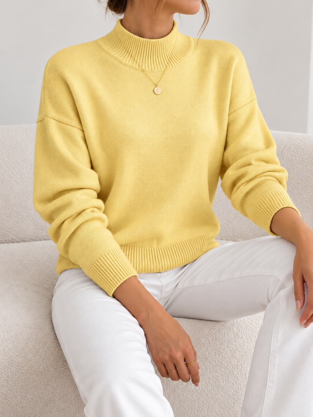 Yellow warm soft knit pullover with stand collar 3