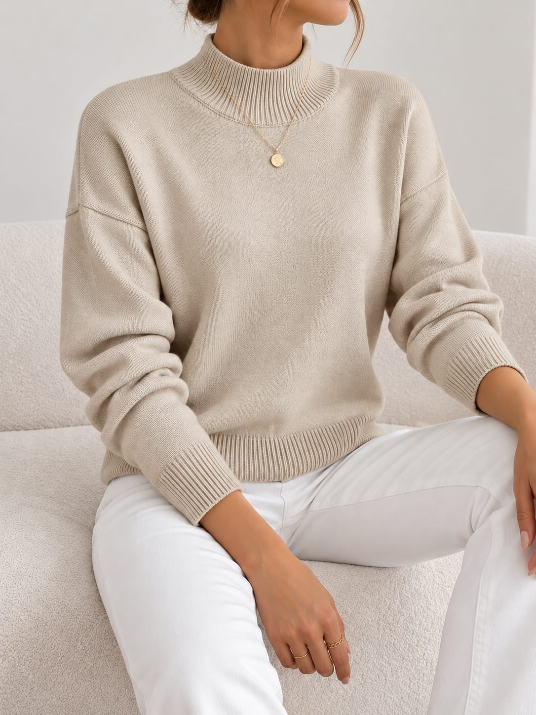 Beige warm soft knit pullover with stand collar 4
