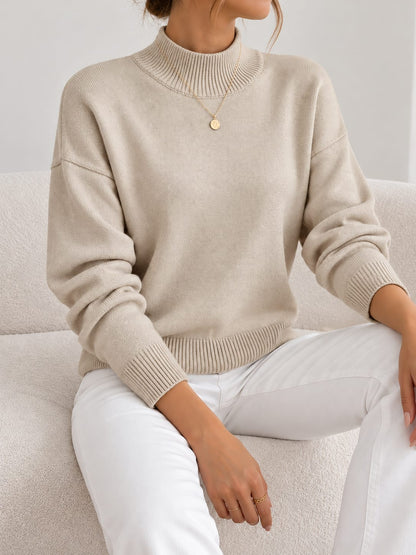 Beige warm soft knit pullover with stand collar 4