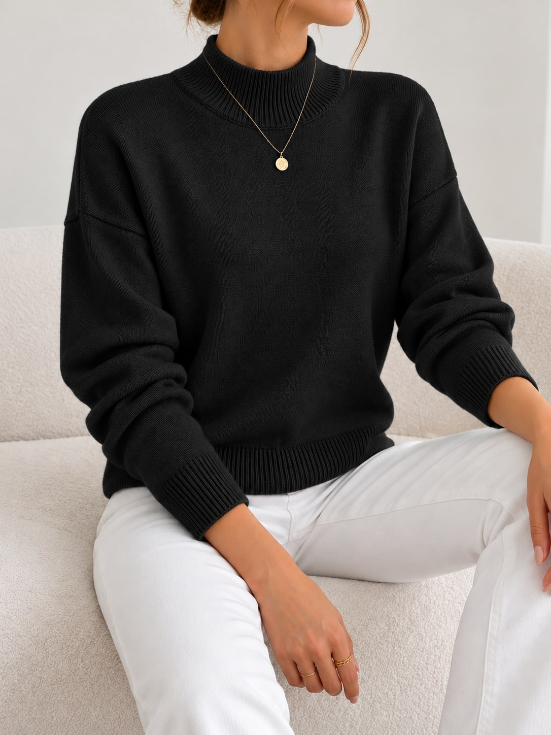 Black warm soft knit pullover with stand collar 5