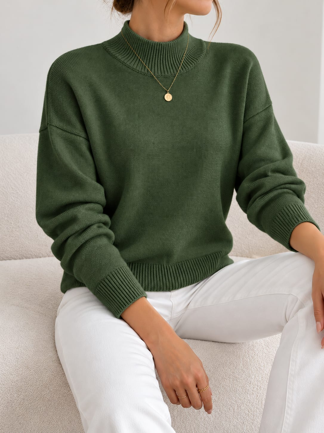 Green warm soft knit pullover with stand collar 8