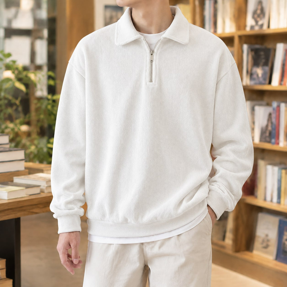 Quarter Zip Sweater with Polo Collar, Men's Ribbed Knit 2