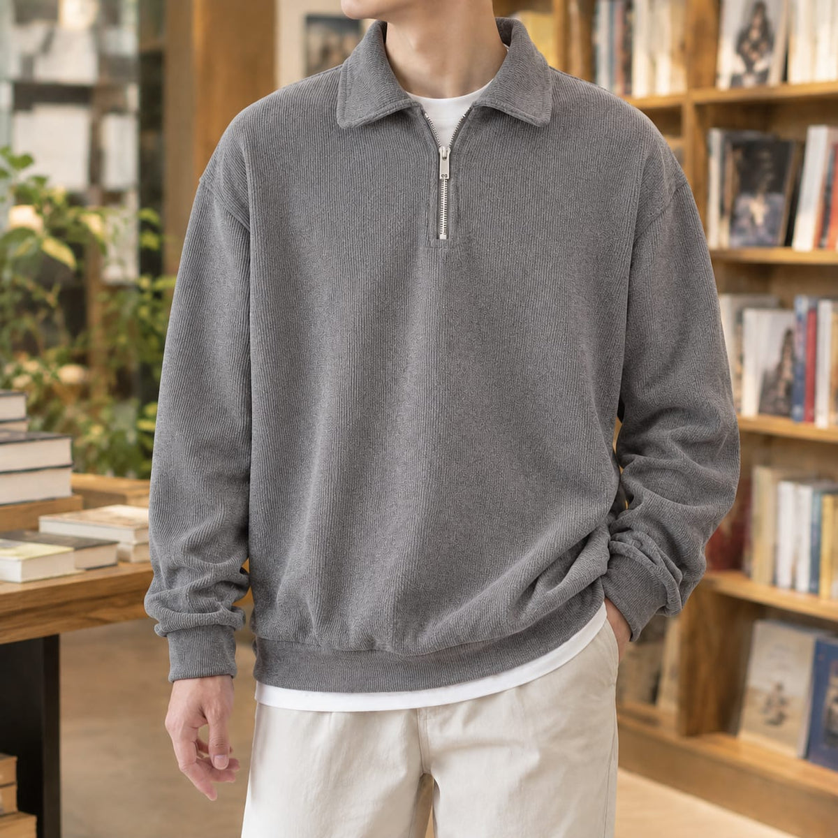 Quarter Zip Sweater with Polo Collar, Men's Ribbed Knit 3