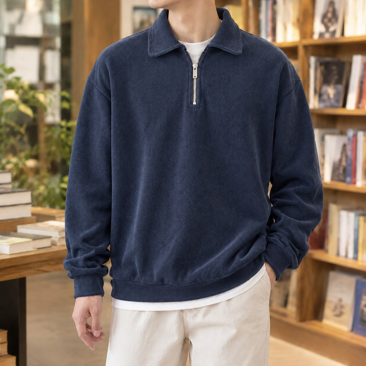Quarter Zip Sweater with Polo Collar, Men's Ribbed Knit 4