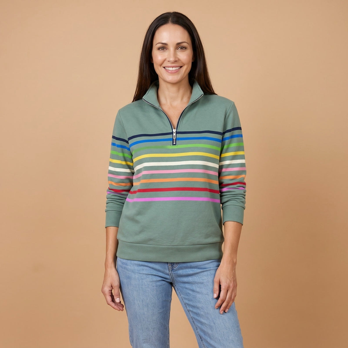 Quarter Zip Sweater with Rainbow Stripes, Relaxed Pullover 1