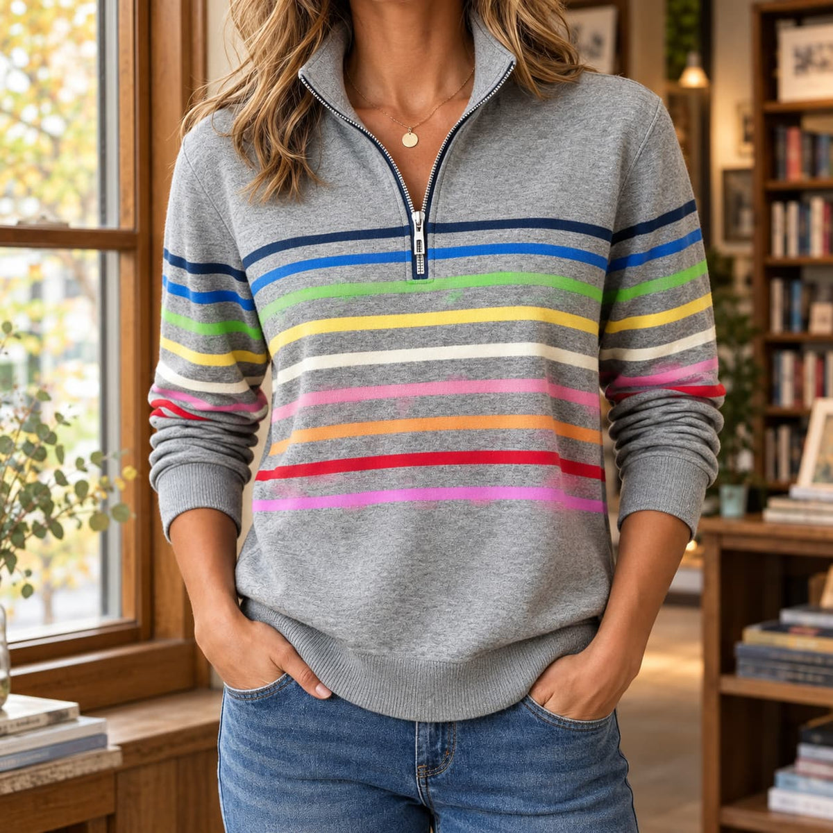 Quarter Zip Sweater with Rainbow Stripes, Relaxed Pullover 2