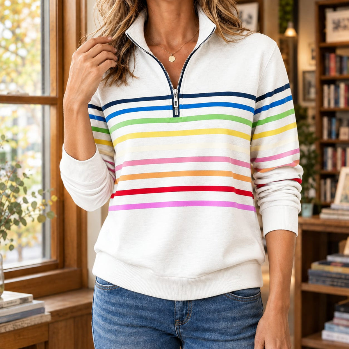 Quarter Zip Sweater with Rainbow Stripes, Relaxed Pullover 4