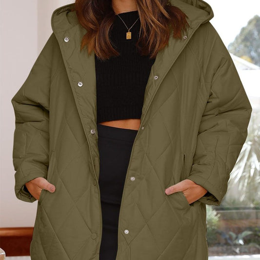 Winter Hooded Jacket, Quilted Lightweight Snap Button Coat 1