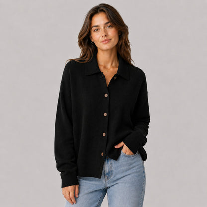 Relaxed Knit Shirt Jacket in Black - worn by a model, front view