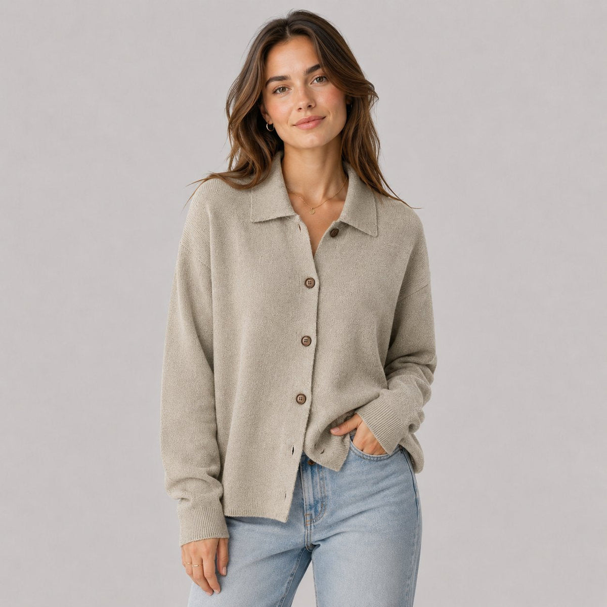 Relaxed Knit Shirt Jacket in Olive Green - worn by a model, front view