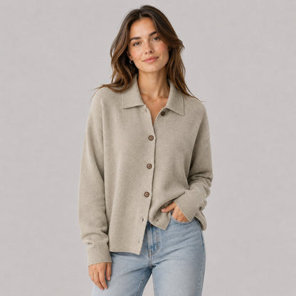 Relaxed Knit Shirt Jacket in Olive Green - worn by a model, front view